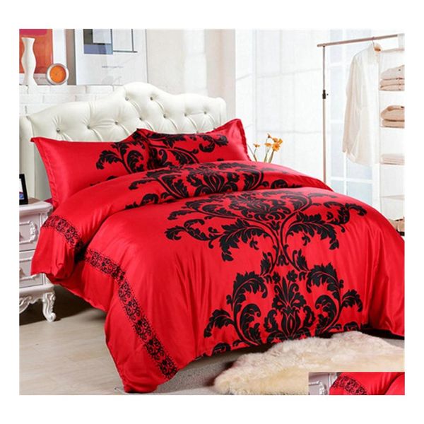 Conjuntos de ropa de cama Conjunto rojo Plumas de tamaño doble / reina Edredón Er Cama blanca Beautif Ropa de cama 3 unids Entrega de caída Hogar Jardín Textiles Supplie Otfj9