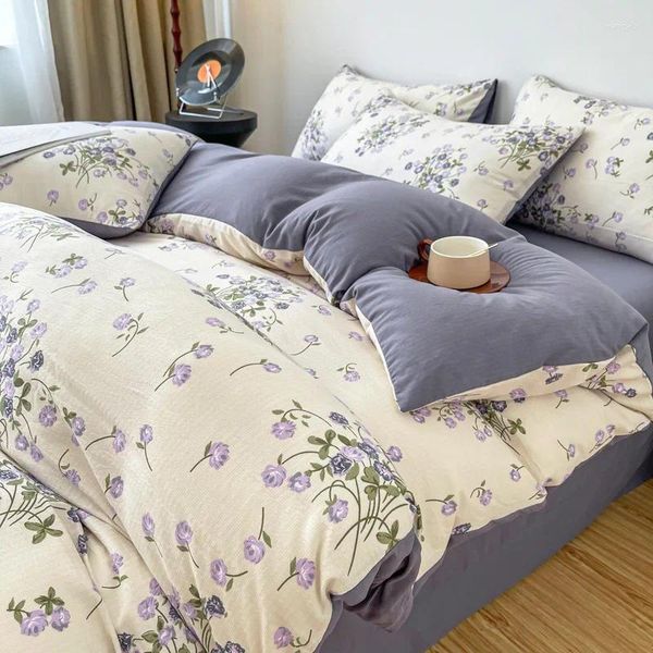 Ensembles de literie Housse de couette florale rétro Couvertures en coton Ultra doux Réversible 4pc Ensemble vintage avec fermeture à glissière