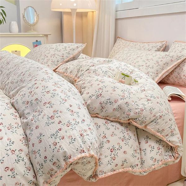 Ensemble de literie Ensemble floral romantique en coton lavé feuille de lit simple double taille féminine de femme / couvre-couvercle couvercle pain d'oreiller linge