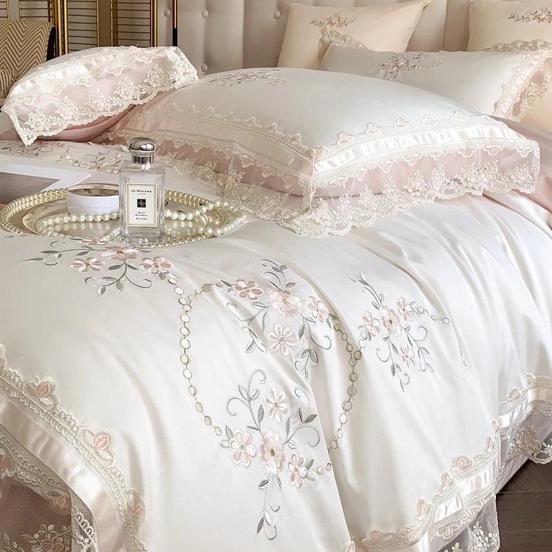 寝具セットロマンチックなフレンチレースの花刺繍結婚式セット1200TCエジプトコットンソフト羽毛布団カバーベッドシート枕カバー