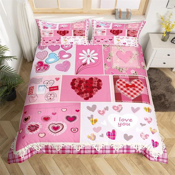 Juegos de cama Romántica funda de edredón de San Valentín King Kawaii Love Heart Theme Set Patchwork geométrico edredón cama de gnomo rojo