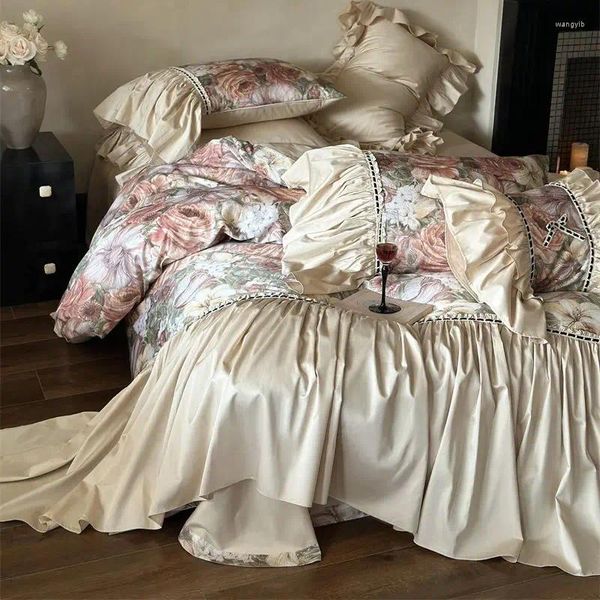 Ensembles de literie romantique vintage peinture à l'huile style fleurs grands volants ensemble 1000TC coton égyptien housse de couette drap de lit taies d'oreiller