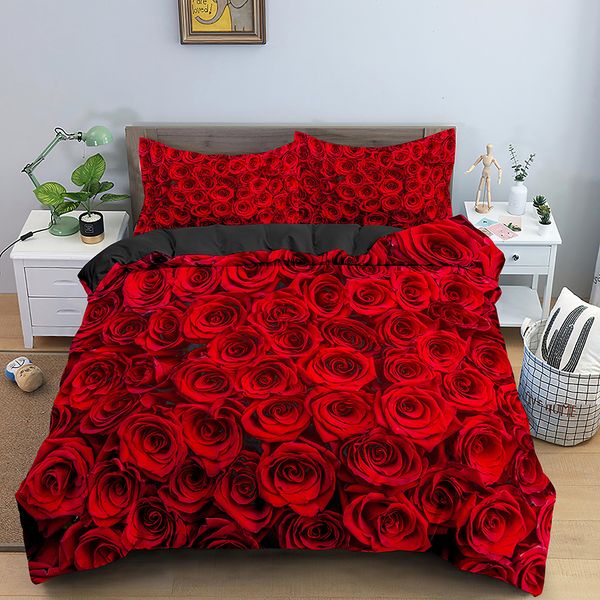 Juegos de ropa de cama Juego de cama con flores rosas, funda nórdica con estampado de rosas rojas y azules con funda de almohada, decoración de cama para el día de San Valentín, funda de edredón tamaño king 2/3 piezas 230211