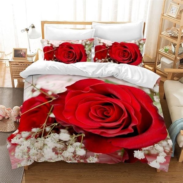 Juegos de cama Juego de funda nórdica con flor rosa Juego de cama de microfibra Twin Queen King para el Día de San Valentín Día de la madre Funda de edredón de poliéster diario 220924