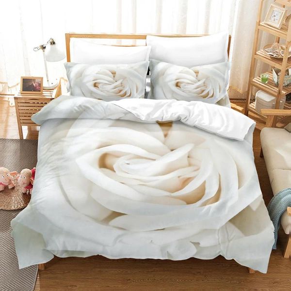 Conjuntos de ropa de cama Conjunto de flores de rosa Impresión 3D Pétalos blancos Regalo del día de San Valentín para pareja amante Funda de edredón King Tamaño completo Edredón