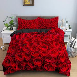 Beddengoed sets rozenbloemset roodblauw print dekbedovertrek met kussensloop Valentijnsdag bed decor king size quilt 2 3pcs 230215