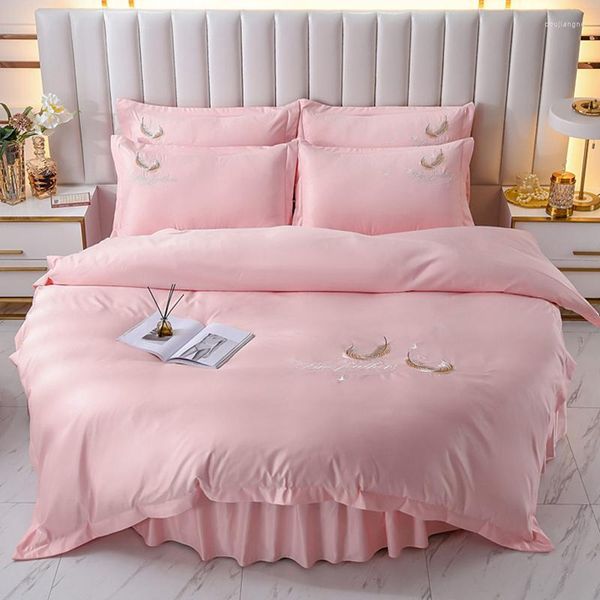 Ensembles de literie lit rond broderie 4 pièces ensemble lavé facile linge housse de couette rose Designer lits jumeaux de luxe #/