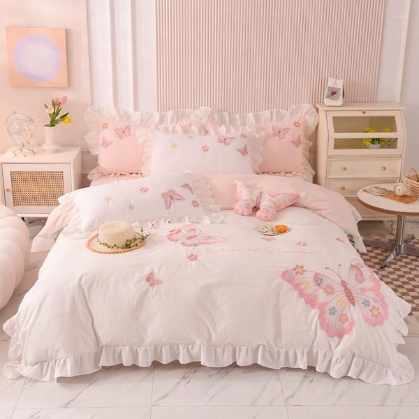 Ensembles de literie volants papillon brodé princesse jupe de lit ensemble 4pcs coton lavé couleur unie housse de couette drap plat taies d'oreiller