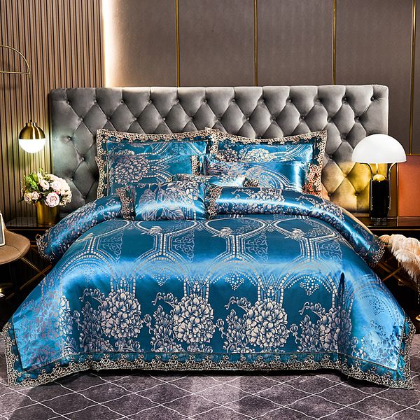 Conjuntos de ropa de cama S Juego de jacquard de lujo Home Queen King Size Juego de cama 4 piezas Funda nórdica Fundas de almohada Sábana azul 230907