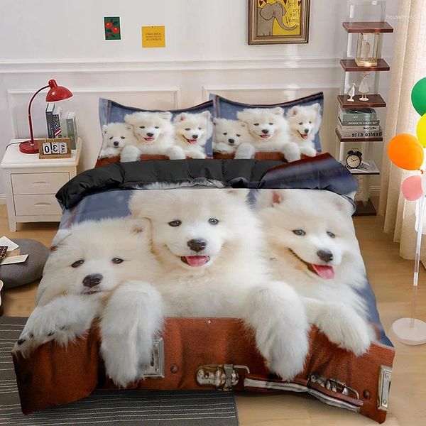 Conjuntos de ropa de cama Samoyedo Perro Funda nórdica King Queen Tamaño Lovely Smile Pet Puppy Set Adultos Mujeres Lindo Animal Blanco Poliéster Edredón