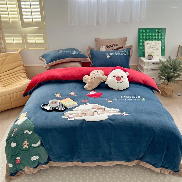 Conjuntos de ropa de cama Santa Claus muñeco de nieve bordado conjunto de dibujos animados leche caliente vellón funda nórdica sábana de terciopelo niños regalos de navidad