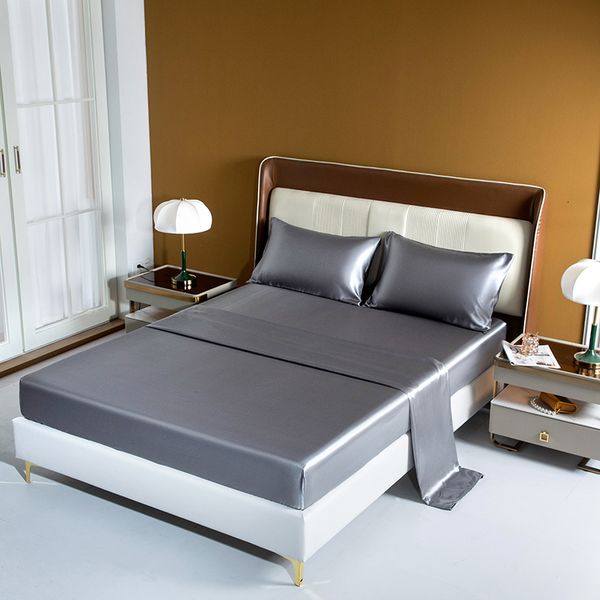 Juegos de cama Juego de sábanas de satén Color sólido Equipado Cama individual doble King Size Rayón de lujo plano 230710