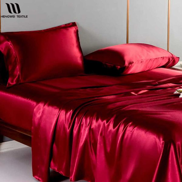 Juegos de cama Juego de sábanas de satén Juego de sábanas planas tamaño Queen King Juego de sábanas ajustables Ropa de cama sin arrugas para cama Juego de cama de enfriamiento Z0612
