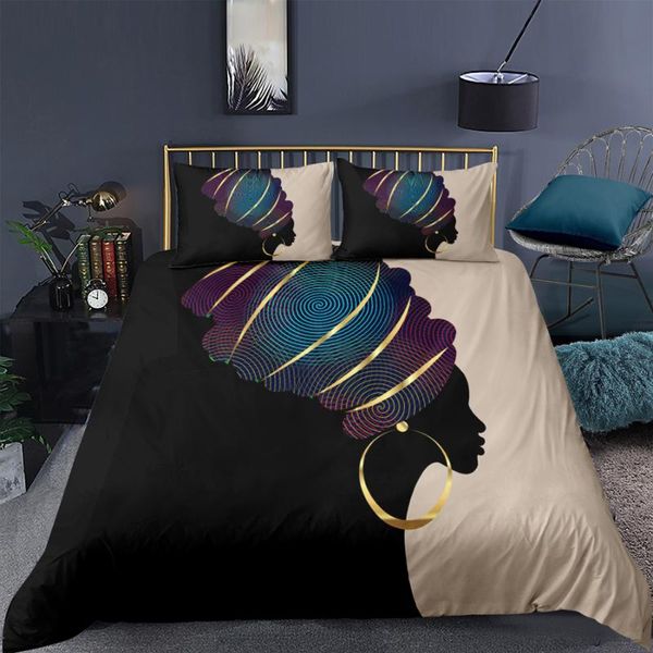 Ensembles de literie Ensemble Femmes Africaines Housse de couette Dorée Grandes Boucles D'oreilles Impression Famille Lit Double Adulte Couette King SizeBedding