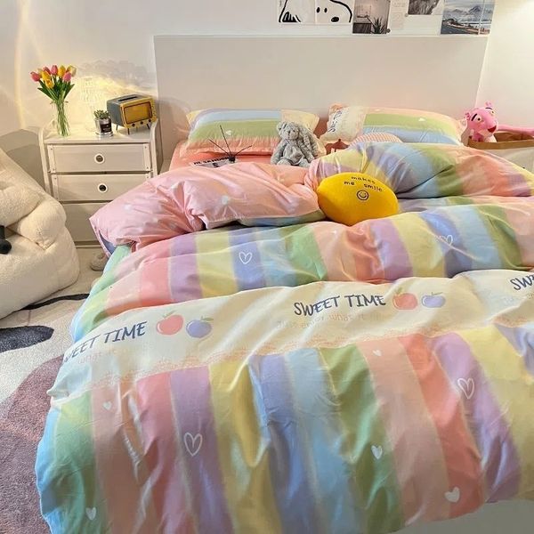 Ensembles de literie Set Enfants Adultes Rainbow Twin Housse de couette avec drap plat et taie d'oreiller Polyester doux sans remplissage Queen Linge de lit 230921