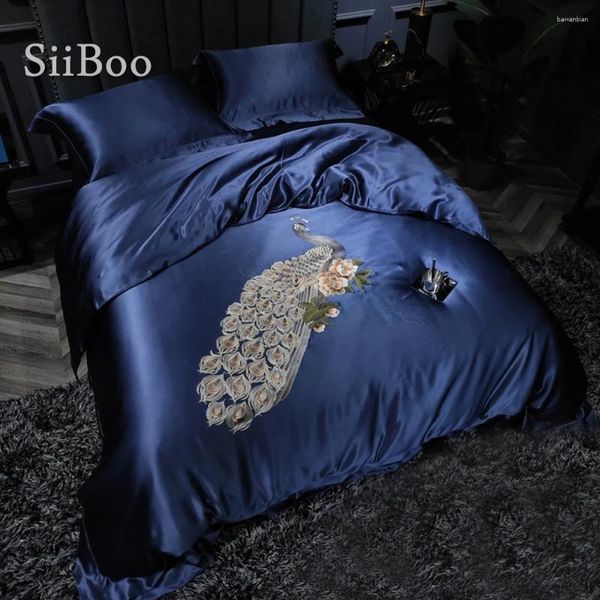 Conjuntos de ropa de cama SIIBOO SUPER LUXURIUS ESTILE PEACOCK ENCENDIDO EN 25 mm Pure Natural Silk Set Top Grad Grade SP6480
