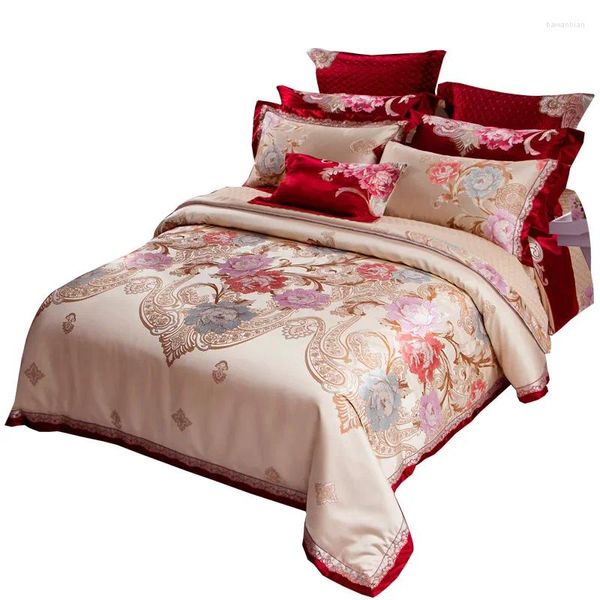 Conjuntos de ropa de cama seda seda elegante sábana de cuatro piezas Conjunto de bordado rojo de alta gama Satinado COLETER