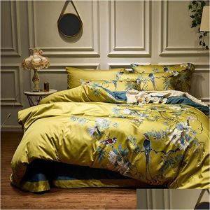 Conjuntos de ropa de cama Algodón egipcio sedoso Amarillo Chinoiserie Estilo Pájaros Flores Edredón Er Sábana Juego de sábanas King Size Queen Ropa de cama Drop Dhlw0