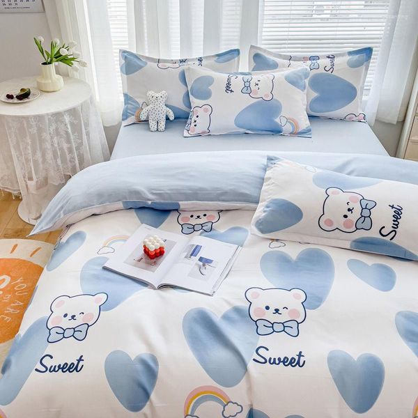 Juegos de ropa de cama Sábanas de algodón simples acolchadas con lijado puro que no dañan la piel Funda de edredón de cuatro piezas Ropa de cama de tres piezas de dibujos animados para dormitorio de estudiantes.