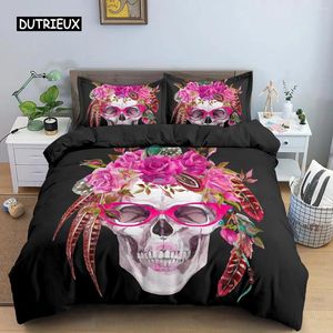 Beddengoedsets Schedel Dekbedovertrek Set King Queen Size Gothic Roze Bloemen En Botten Microvezel Horror Skelet Dekbed