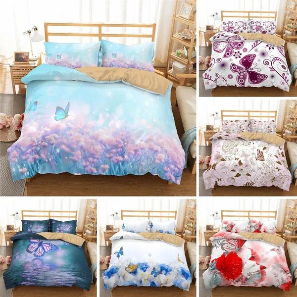 Ensembles de literie Soft Butterfly Floral Ensemble pour filles adolescents Rose Flowers Print Coup de couette Easy Soins et taies d'oreiller de courtepointe respirante