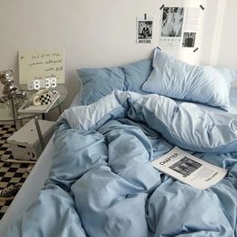 Juegos de ropa de cama Juego de funda nórdica azul sólido Sábana plana con fundas de almohada Tamaño completo Niños Niñas Ropa de cama Gris Verde Kit 231023