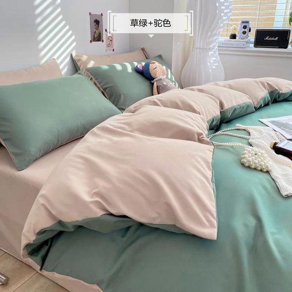 Conjuntos de ropa de cama de color sólido de cuatro piezas Algodón lavado japonés sencillo sábana cepillada cubierta de colchas de colchas de dormitorios al por mayor