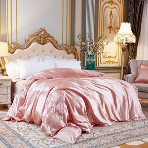 Ensembles de literie Ensemble de couleur unie avec housse de couette en soie de mûrier Drap de lit Taie d'oreiller Drap de lit en satin de luxe King Queen Double Twin Taille 230510