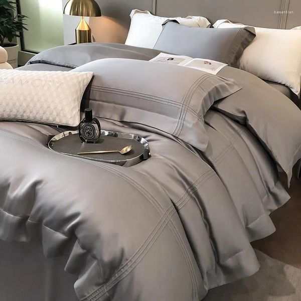 Conjuntos de ropa de cama cubierta década de marco de ropa de cama gris sólido con corbatas con cremallera 4pcs 600tc eucalyptus lyocell colcha de enfriamiento suave sábana de almohada de almohada