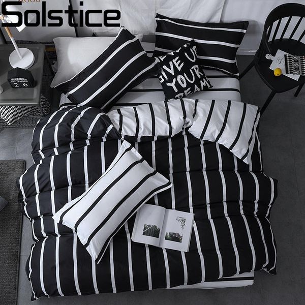 Juegos de cama Juego de cama Solstice Funda nórdica Funda de almohada Juego de ropa de cama Juego de edredón con estampado de rayas en blanco y negro Sábana plana tamaño Queen 230728