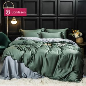 Ensembles de literie Sondeson luxe 100% soie beauté ensemble de literie 25 Momme soie housse de couette ensemble drap plat lit taie d'oreiller en lin pour la maison parure de lit 4 pièces 231118