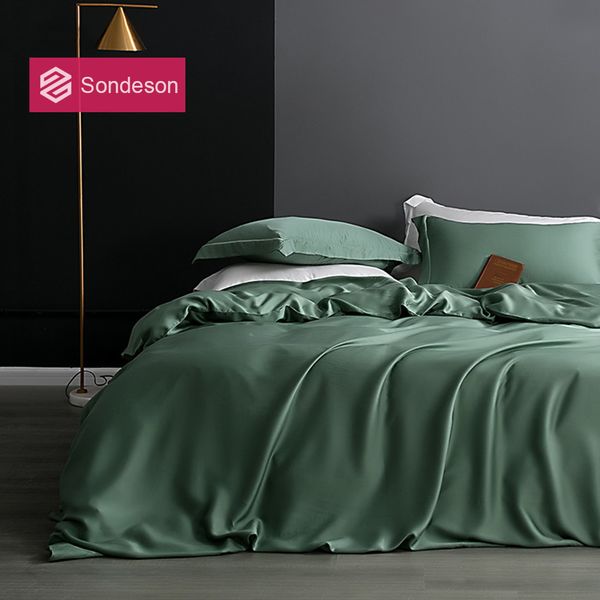 Ensembles de literie Sondeson luxe 100% soie vert ensemble de literie 25 Momme soie peau saine housse de couette ensemble drap plat taie d'oreiller reine roi parure de lit 230823