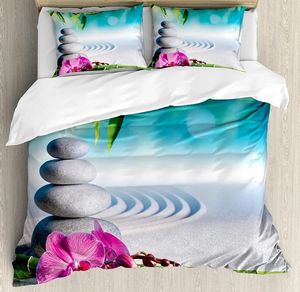 Beddengoedsets Spa Decor 3-delige set Zandorchidee en massagestenen in Zen Dekbedovertrek Bed Quilt Kussensloop Dekbed