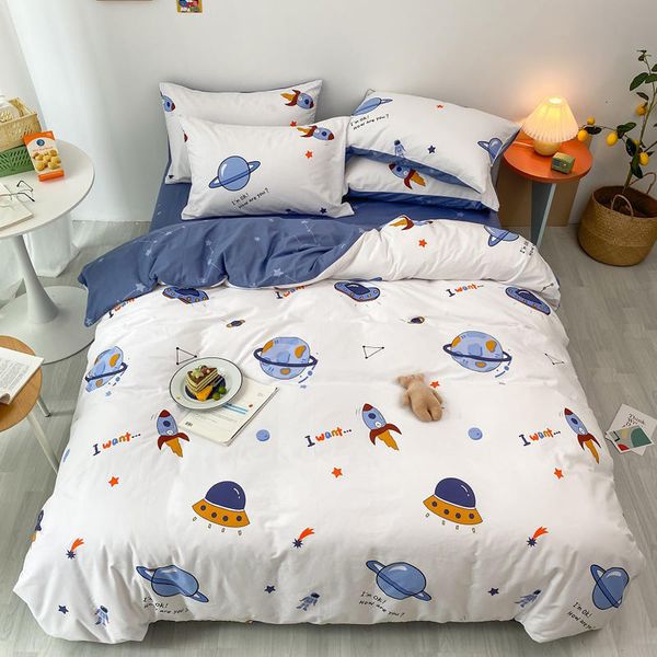 Juegos de cama Space Astronaut Pure Cotton 3/4pcs Funda nórdica para niños Juego de sábanas Funda de almohada Boy Cartoon Edredón Cubierta Niños Ropa de cama 230506