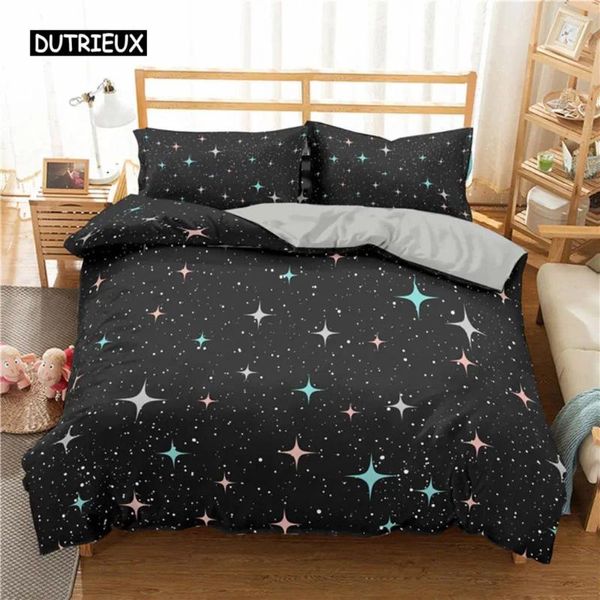 Conjuntos de ropa de cama Starry Sky Divet Cover Set King Size Galaxy Theme Twin para niños Polyéster de adolescentes Colcha de estrellas coloridas