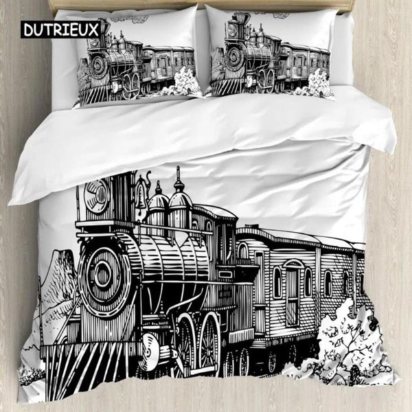 Juegos de cama de ropa de cama de vapor de vapor, juego de cubierta de la máquina del rey, rústico antiguo tren en el país, carretera de madera de madera, para adolescentes