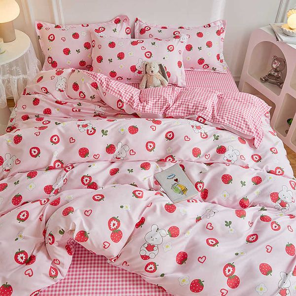 Ensembles de literie Fraise Lapin Ensemble de Literie Printemps Fleur Linge de Lit Simple Double Taille Pour Les Filles Bleu Tulipe Décor À La Maison Frais INS Housse De Couette Z0612