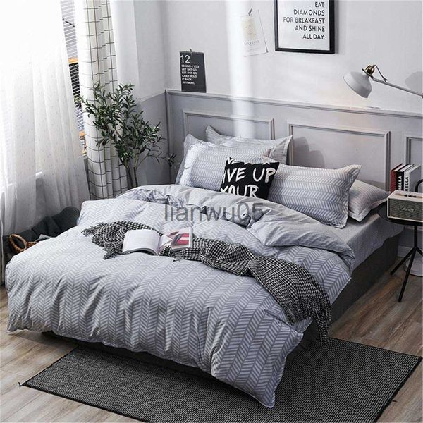 Juegos de ropa de cama Funda nórdica moderna a rayas Juego de cama de sarga Geométrico Blanco y gris Rayas de rugby desgastadas Tonos con estampado Reversible Blanco Gris x0822