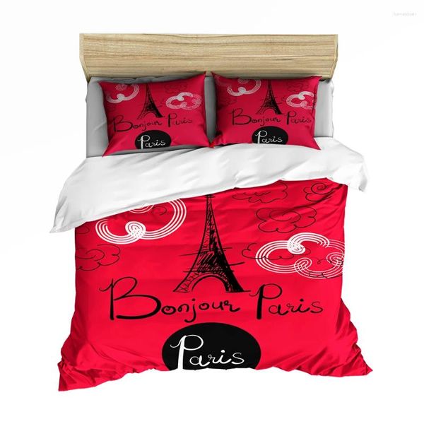 Ensembles de literie élégant fond rouge Paris Tower Down Couper la courtepointe avec graffiti Print Double Bedpread Bedroom Decorative Home Textile