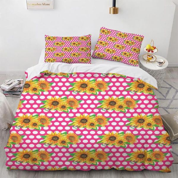 Ensembles de literie Tournesol Botanique Housse de Couette Ensemble Imprimé Thème Rouge Avec Cercles Blancs Fleurs Jaunes Et Feuilles Vertes Jardin Floral