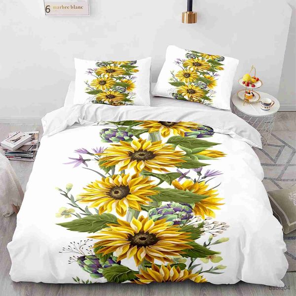 Ensembles de literie Ensemble de housse de couette tournesol King/Queen Size ensemble de literie Nature imprimé en 3D décor imprimé plantes botaniques housse de couette jaune