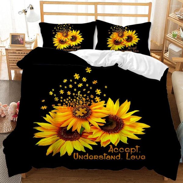 Ensembles de literie Sunflower Cover Cover Set Yellow Flower Botanical Floral Garden Bloom imprimer sur une courtepointe en polyester noir