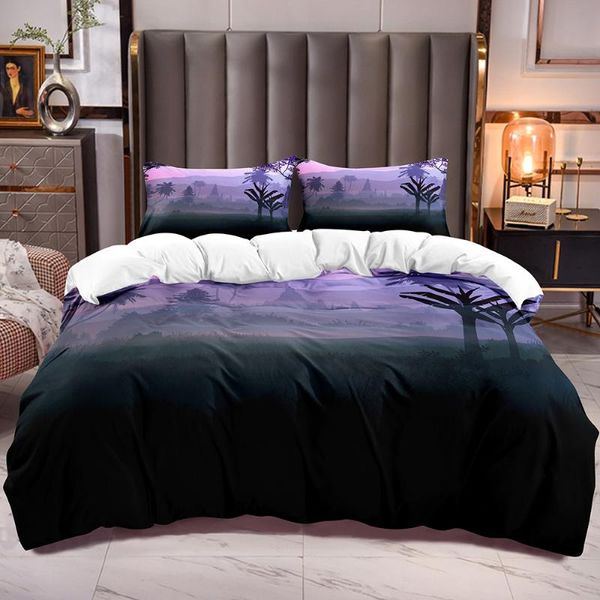 Sets de ropa de cama Sunset Forest Temo Comforter Cover Microfibra Soft Kids Trees Patrón de patrón de cierre de la cremallera