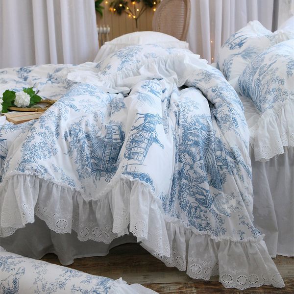 Juegos de cama Juego de cama de súper lujo tamaño queen Ropa de cama de diseño con volantes de encaje grande Ropa de cama de algodón floral Regalo de Europa occidental 230711