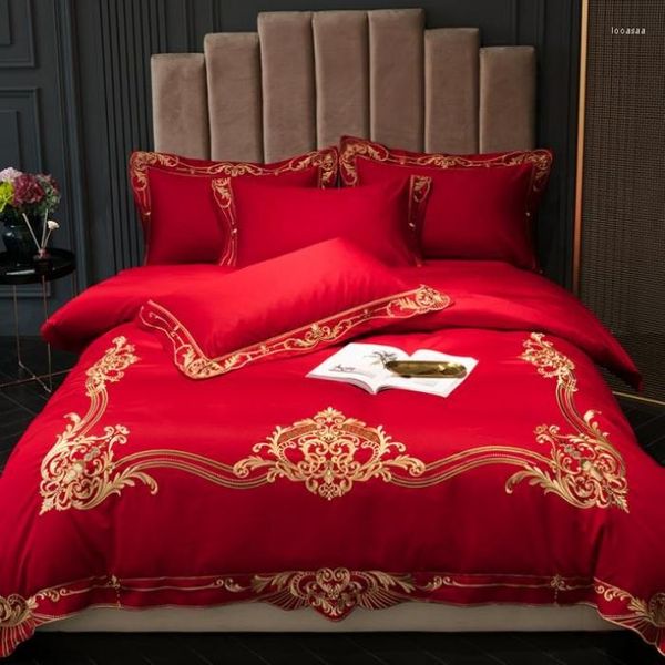 Ensembles de literie Super luxe broderie dorée coton égyptien ensemble de mariage rouge housse de couette drap de lit taies d'oreiller