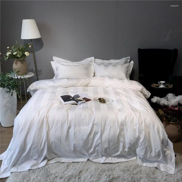 Conjuntos de ropa de cama Calidad de súper lujo 100S El Style Ropa de cama 10 cm Juego de funda nórdica a rayas satinadas 4 piezas Textiles para el hogar Algodón blanco