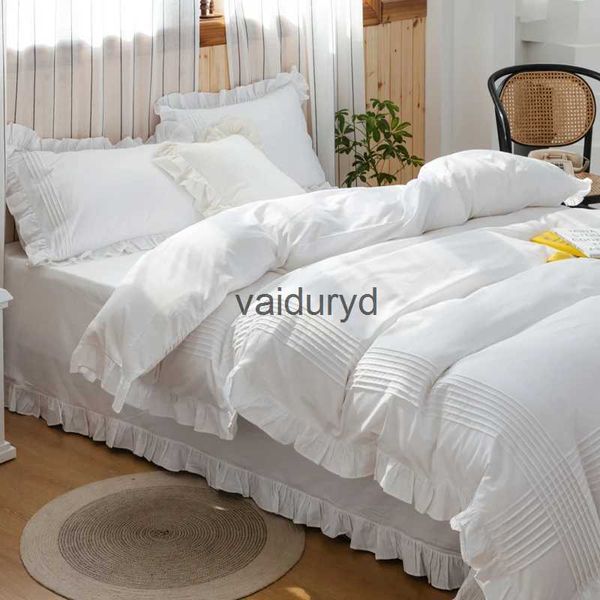 Juegos de cama Super venta juego de cama blanco elegante funda nórdica con volantes hecha a mano princesa cama Queen sábana para el hogar fundas de algodón vaiduryd