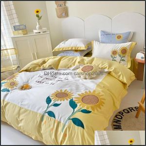 Ensembles de literie Fournitures Textiles de maison Jardin Jaune / Blanc Tournesol Broderie Coton Égyptien Ensemble Couette Er Linge de lit Drap housse Taies d'oreiller