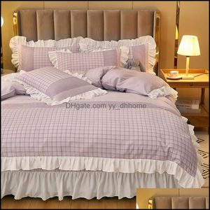 Beddengoed Sets Levert Home Textiel Tuin Duvet Er Set 4 Stuks Grid Ruche Beddengoed Inclusief Beddenkirt 2 stks Kussensloop TOERKOOLTER VOOR KID