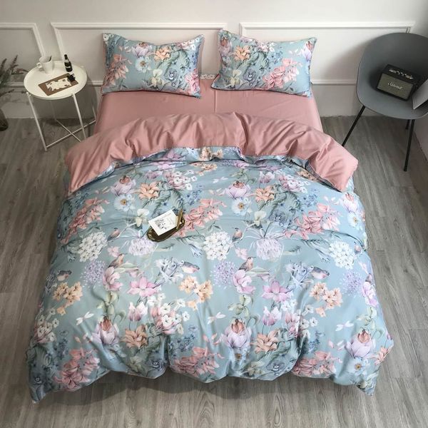 Ensembles de literie Svetanya fleurs oiseaux libellule 100% Satin coton égyptien ensemble de literie reine King Size draps drap housse ensemble de housse de couette 230827